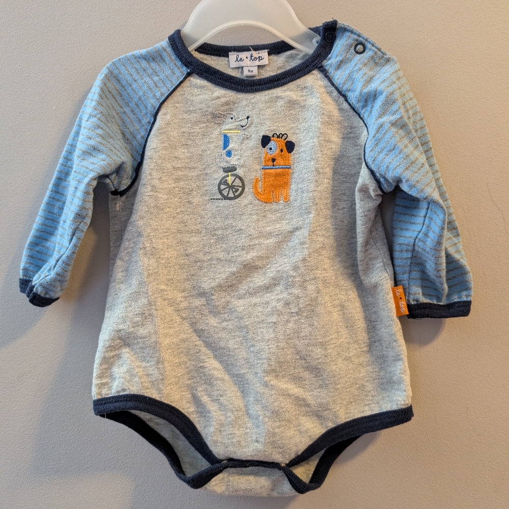 🐶 Le Top Blue Gray Baby One Piece W Dog Appliquees Striped Sleeves 6-9 Months